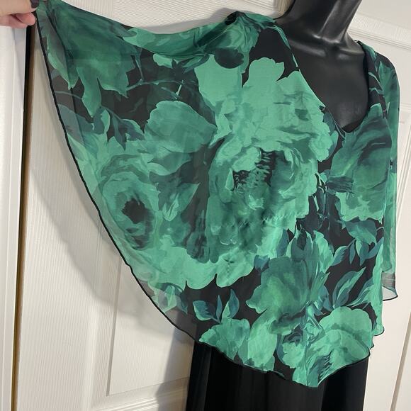 Vintage Y2K Connected Apparel Dress Women 14 Black Sleeveless Green Floral Drape - Picture 2 of 9